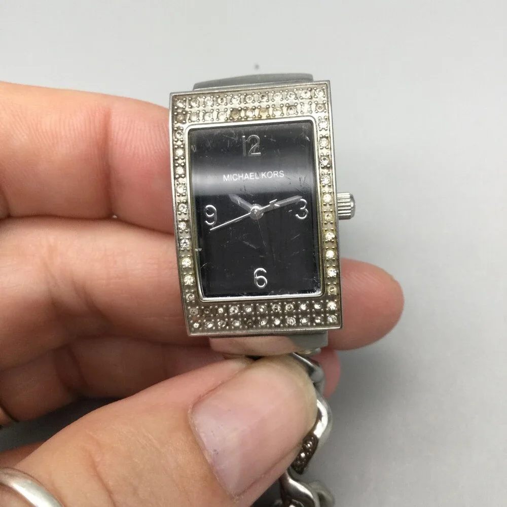 Michael Kors Womens Watch 20mm Black Dial Silver Tone Crystals New Battery 6.75